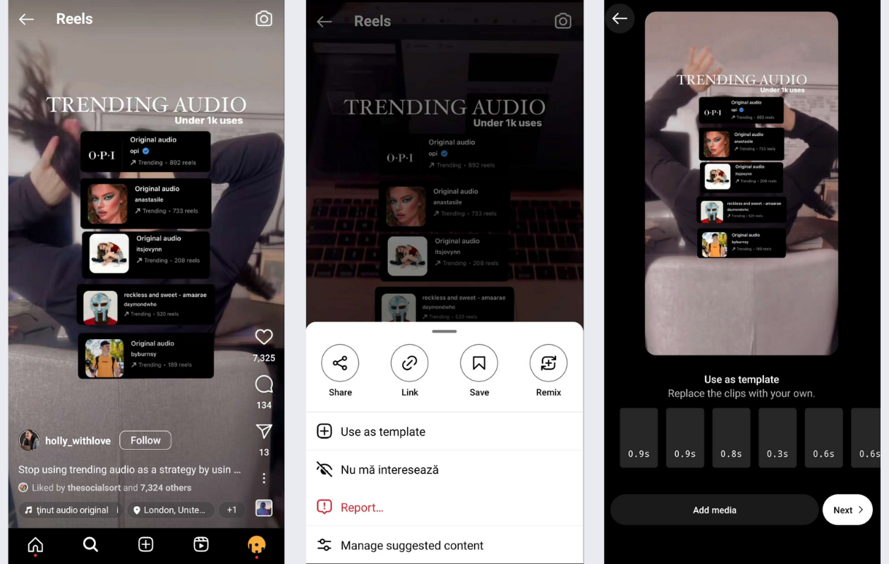 A collage with screenshots for instagram reels trends showing how to find and use a trending audio