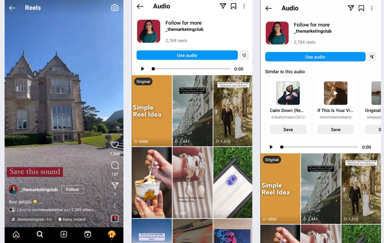 a collage with screenshots for instagram reels trends showing how to save and use a trending audio