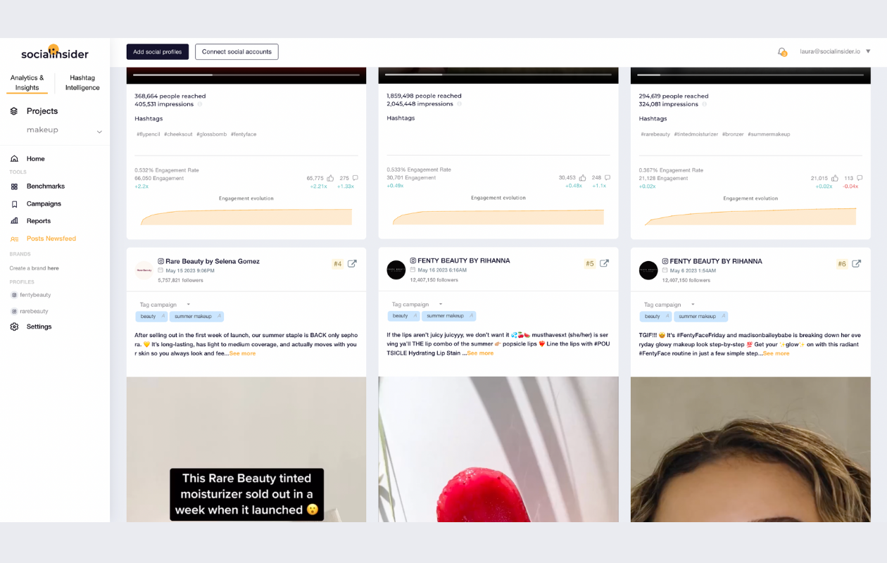 a screenshot from socialinsider with rare beauty posts for instagram reels trends