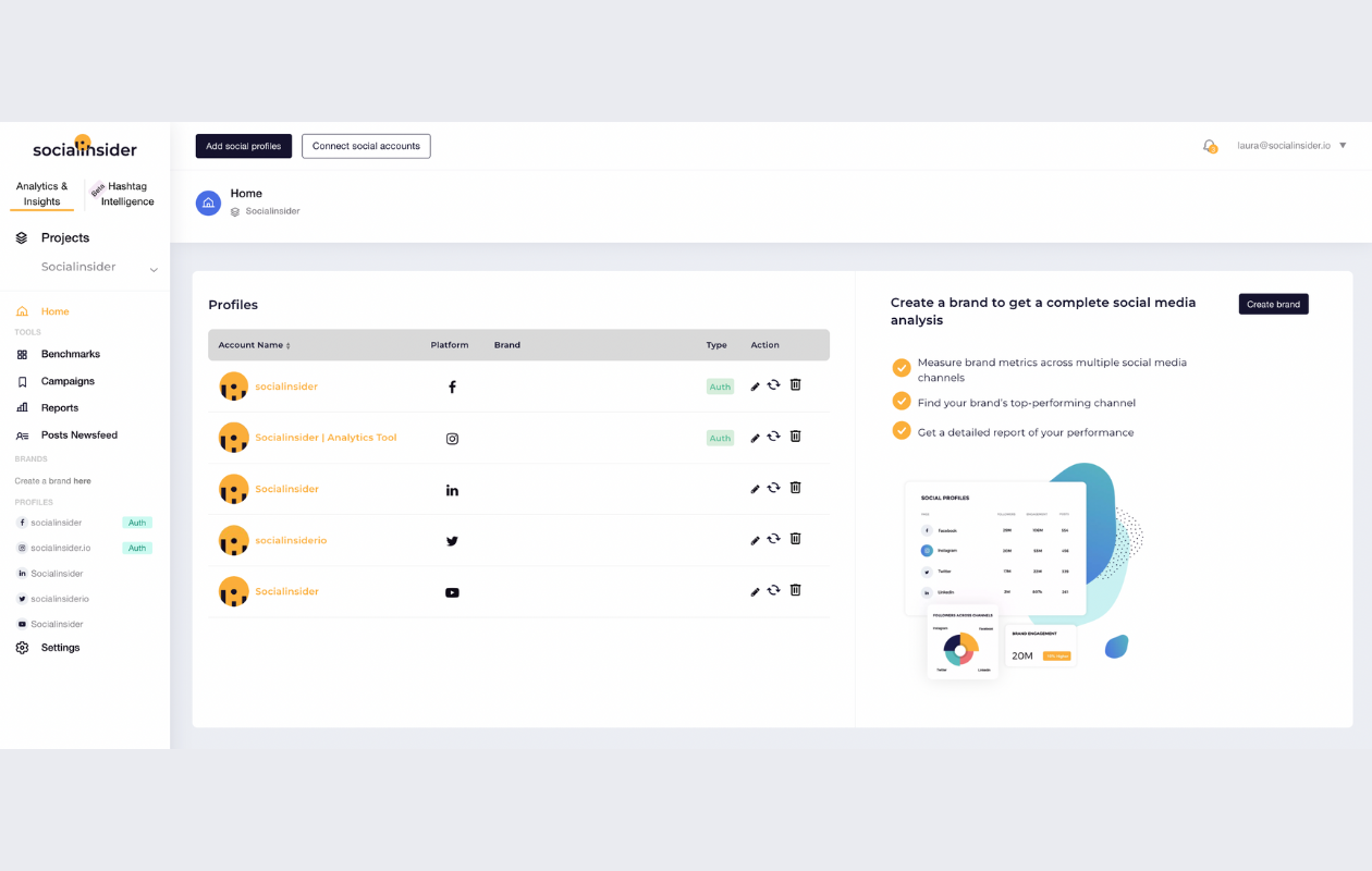 a screenshot from socialinsider indicating a project with all social media platforms for socialinsider