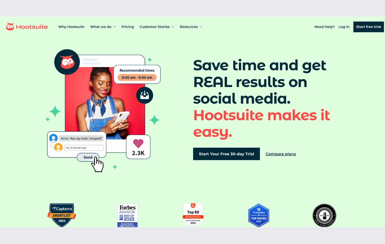screenshot with main page from hootsuite for twitter analytics tools article