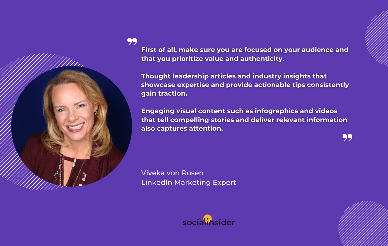 This is a quotes showcasing tips for a succesful LinkedIn content strategy from a LinkedIn marketing expert.
