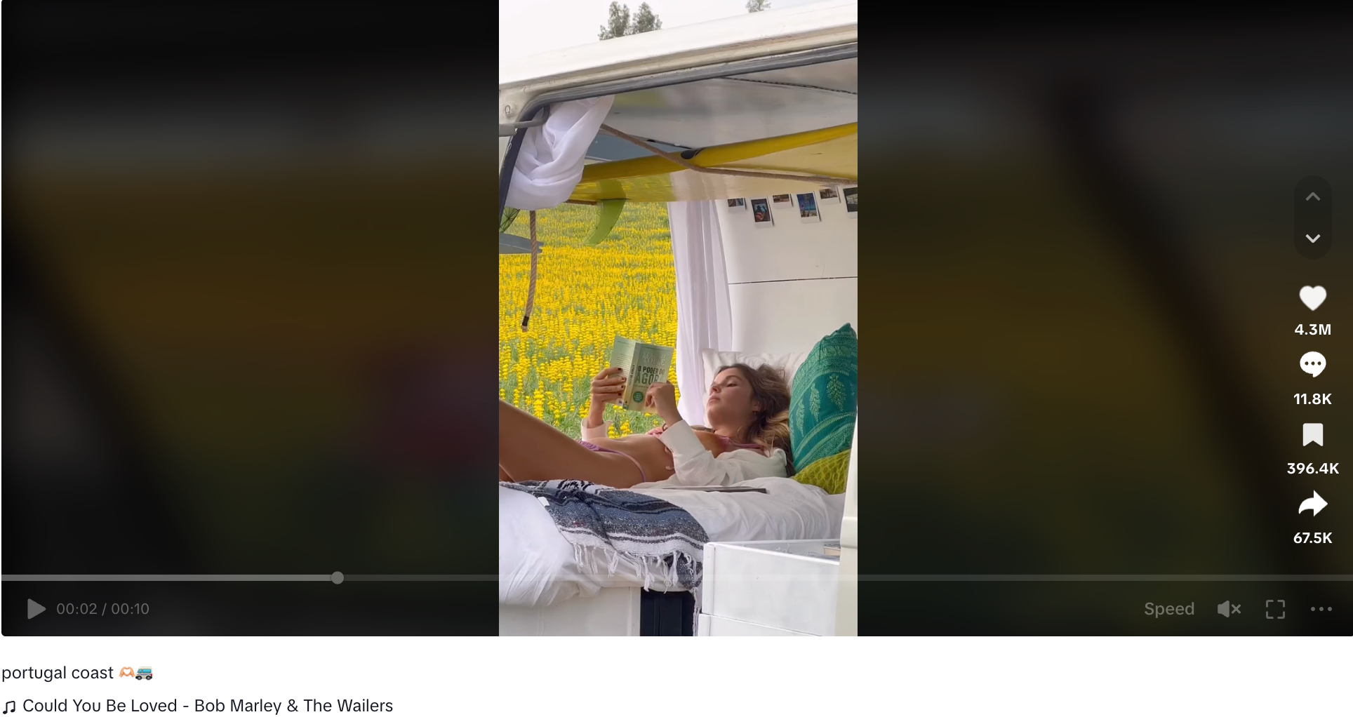 could you be loved trend in a tiktok video with a girl in a van, lying down and reading