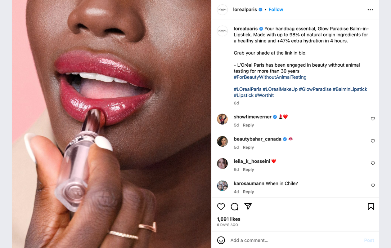 screenshot from loreal paris instagram with a posts in which a girl applies lipstick on her lips
