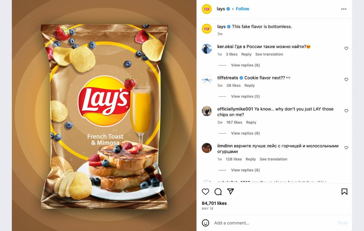 screenshot from lays instagram with a post about lays with french toast and mimosa taste