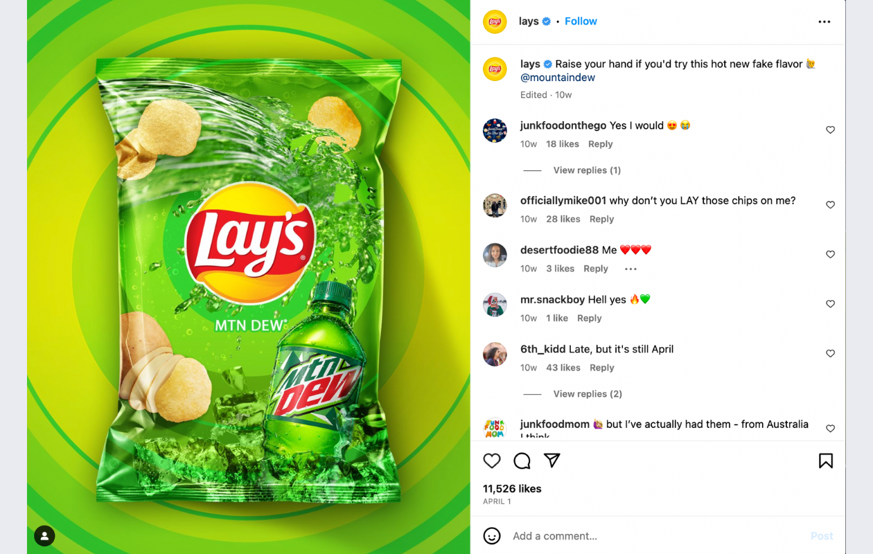screenshot from lays instagram with a post about lays with mountain dew taste