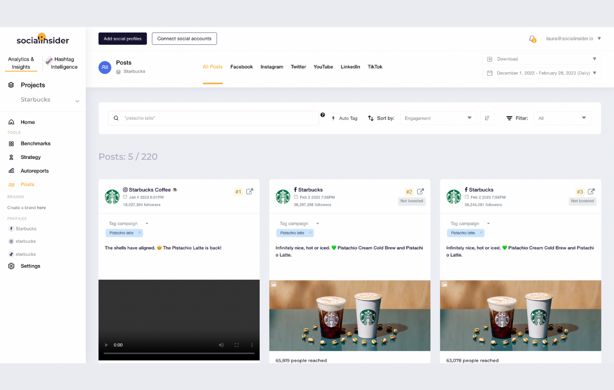 screenshot from socialinsider with posts from starbucks winter 2021-2022 featuring posts with pistachio latte