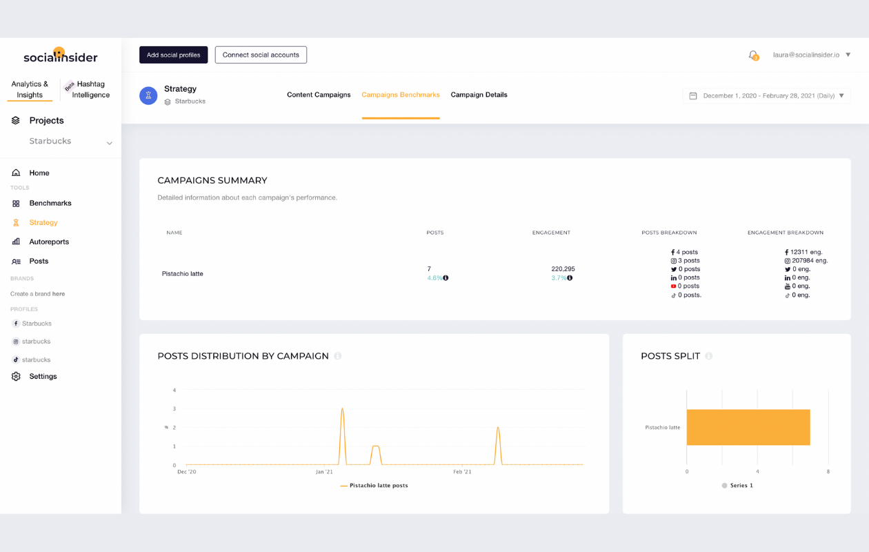 screenshot from campaign benchmarks showing campaign summary for pistachio latte campaign starbucks 2020-2021