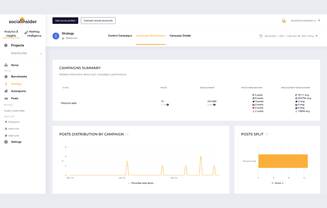 screenshot from campaign benchmarks showing campaign summary for pistachio latte campaign starbucks 2021-2022