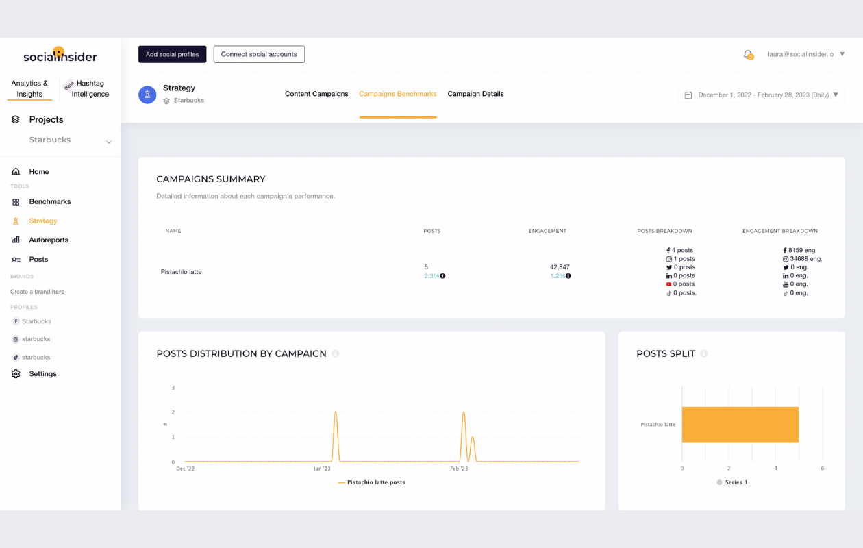 screenshot from campaign benchmarks showing campaign summary for pistachio latte campaign starbucks 2022-2023