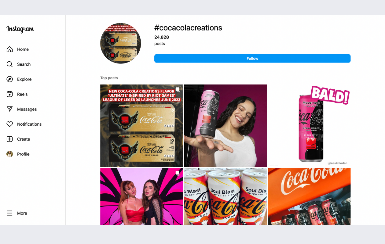 a screenshot of the hashtag #cocacolacreations on instagram