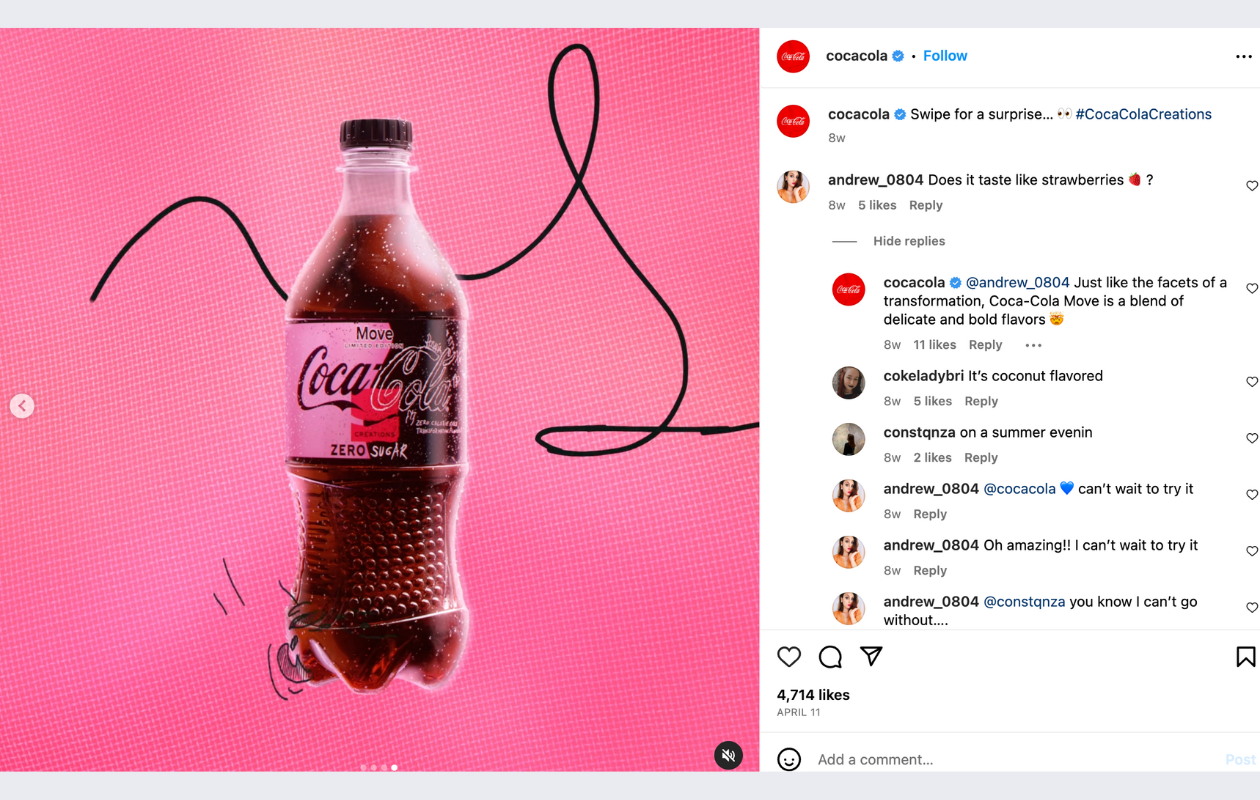 a screenshot from coca cola's instagram showing a bottle on a pink background, as part of their new campaign creations