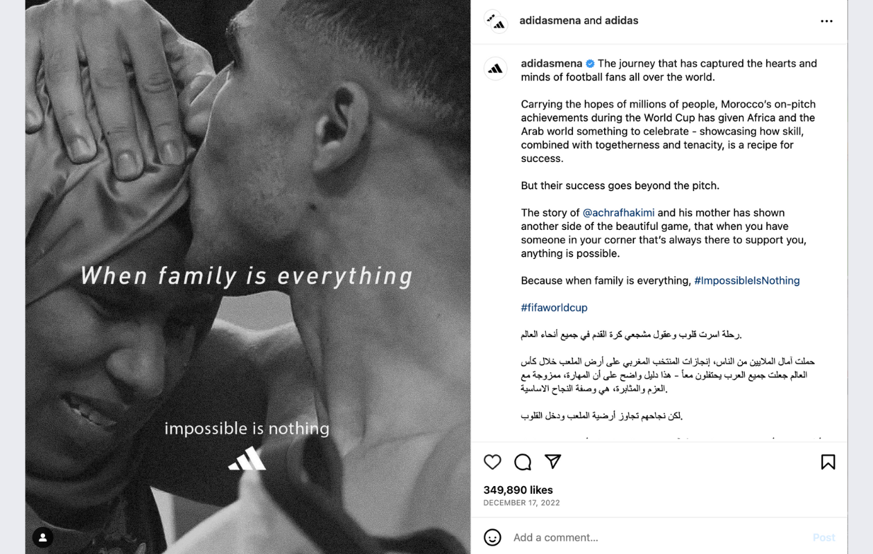 a screenshot with a post from adidas for the campaign #impossibleisnothing showing the importance of family