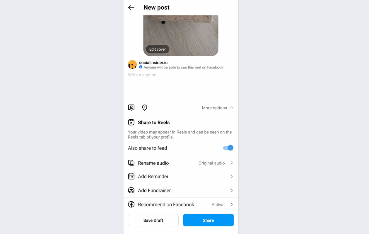 screeshot from instagram before posting a reel, showing the "also share to feed" button
