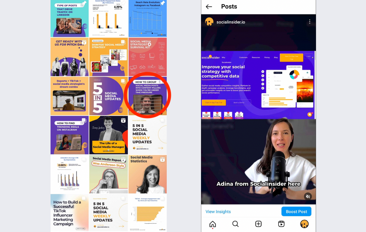 collage with screenshots from socialinsider indicating how to choose a thumbnail for a reel