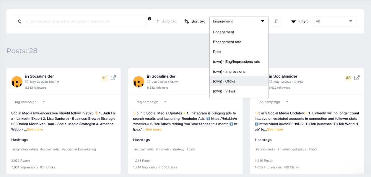 linkedin posts sort by clicks or views socialinsider