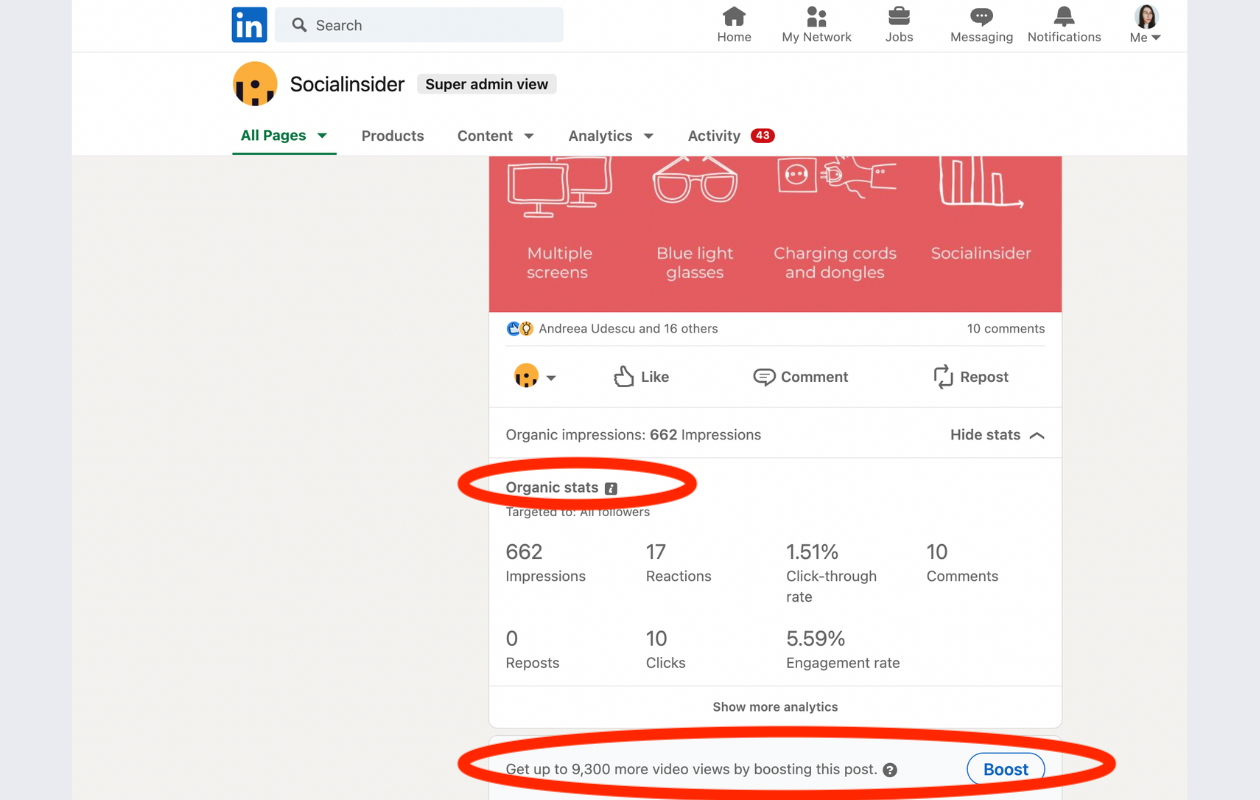 screenshot from native linkedin analytics underlining organic performance
