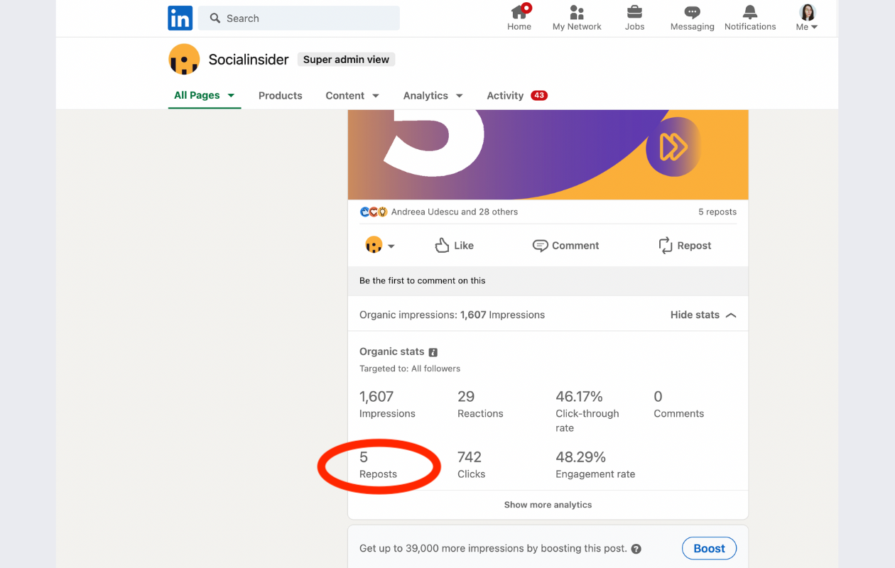 screenshot from native linkedin analytics with post analytics, underlying reposts