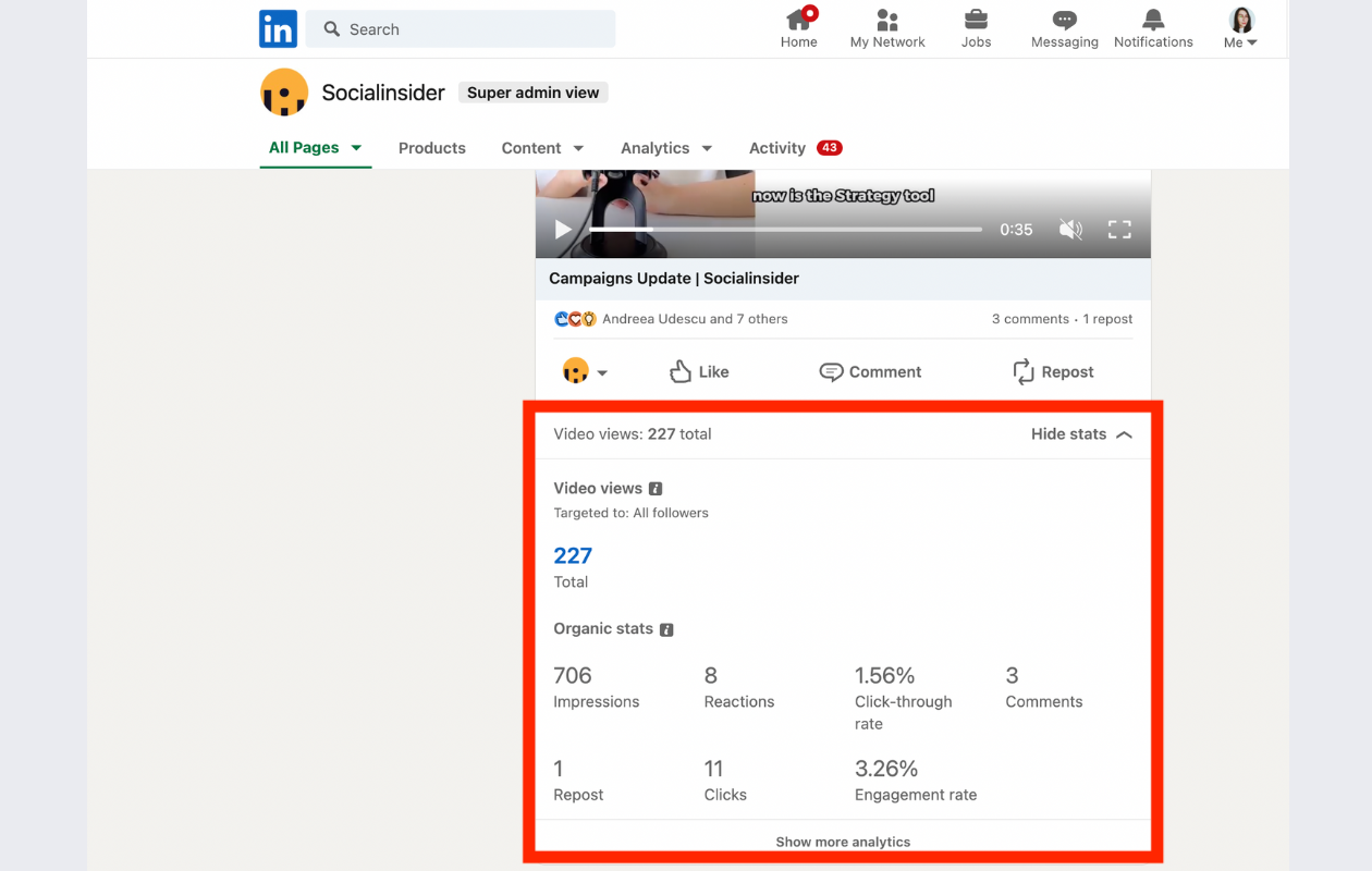screenshot from native linkedin analytics with post analytics, underlying the whole part with analytics for a video post