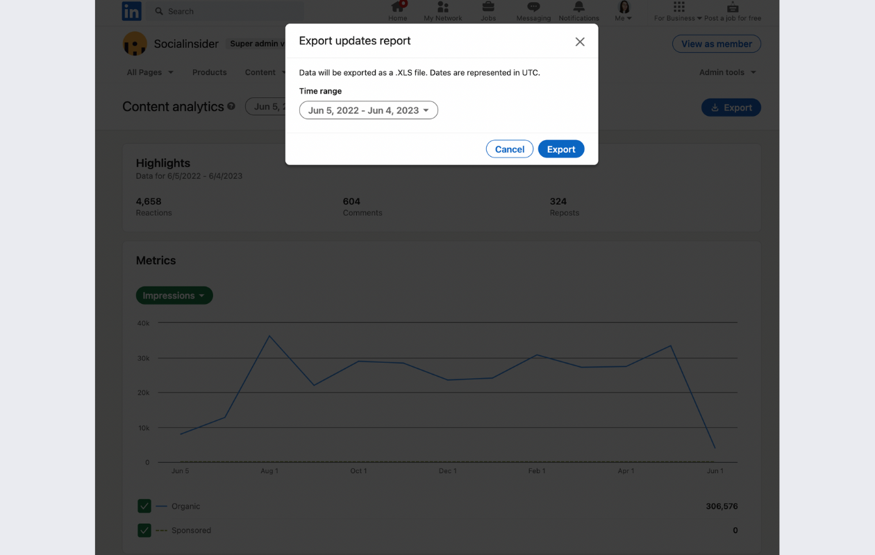 screenshot from native linkedin analytics indicating the tim range for posts