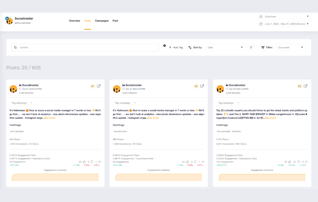 screenshot from posts in socialinsider linkedin indicating posts sorted by the keyword updates