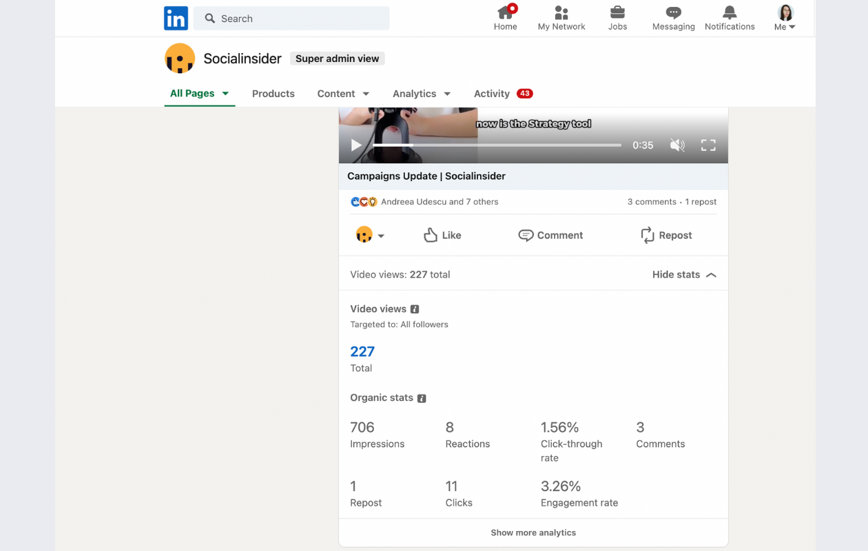 screenshot from native app showing linkedin post analytics for a video