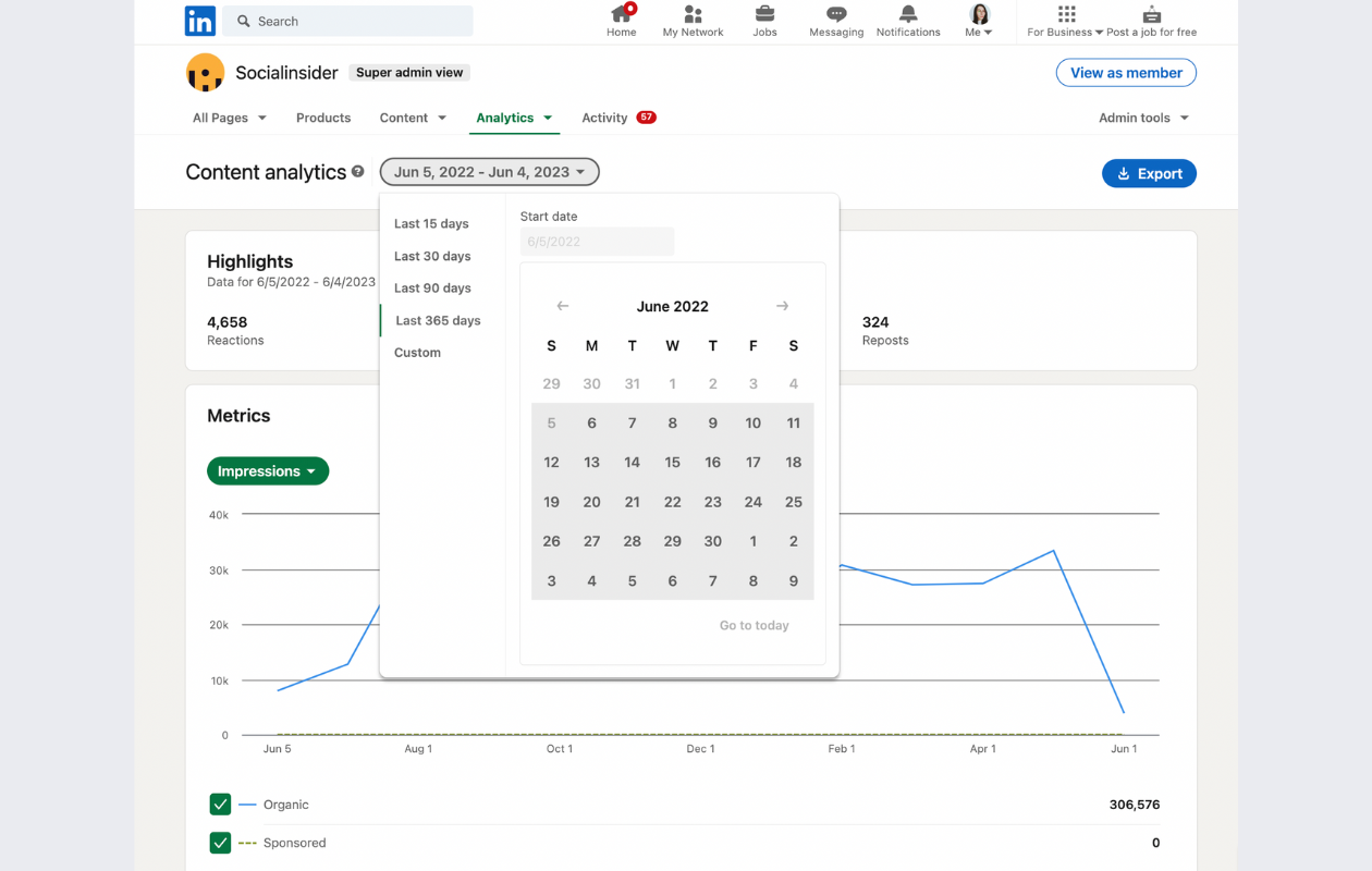 screenshot from native linkedin analytics with the timeframe setting