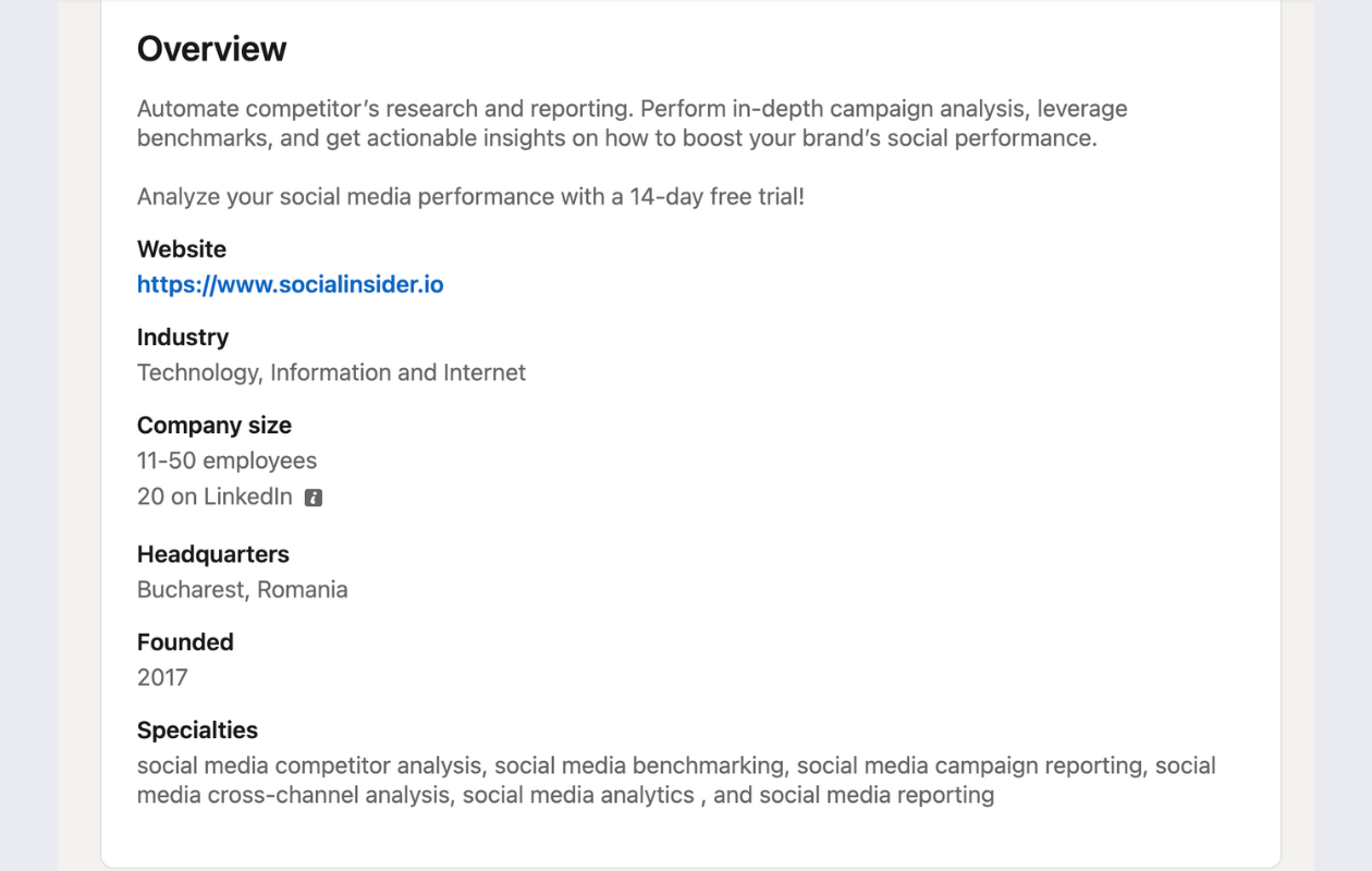 screenshot from socialinsider's linkedin with the overview section
