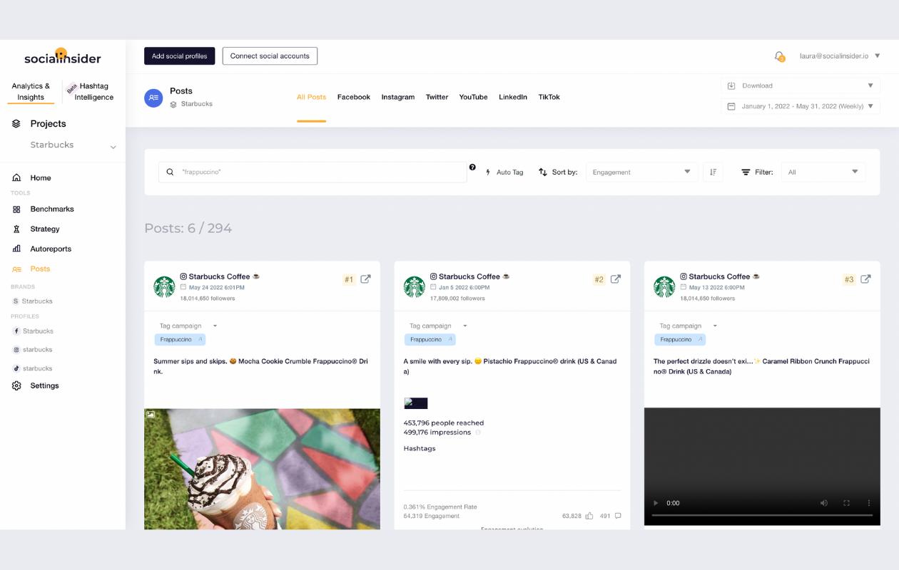 screesnhot from socialinsider posts showing all posts from starbucks dfrom 2022 with the keyword frappuccino