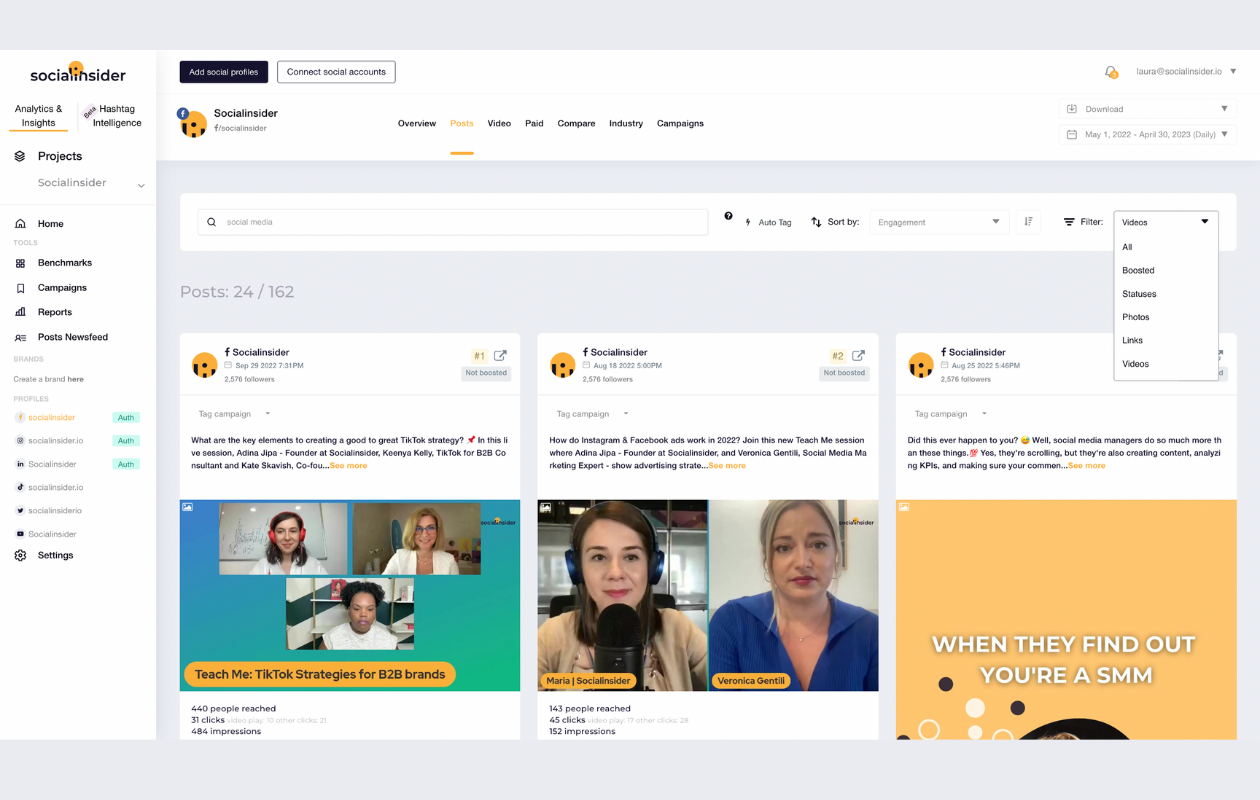 screenshot form socialinsider's dashboard with posts, showing all the posts for the set timeframe with the keyword social media