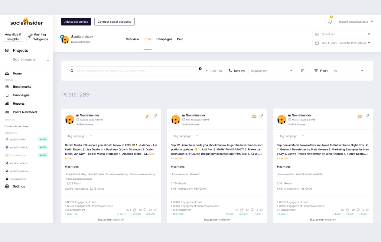 a screenshot from socialinsider dashboard in posts, with all linkedin posts for the set timeframe