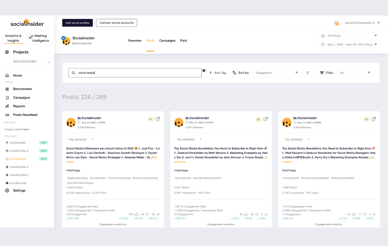screenshot from the socialinsider dashboard in posts with search by keyword social media