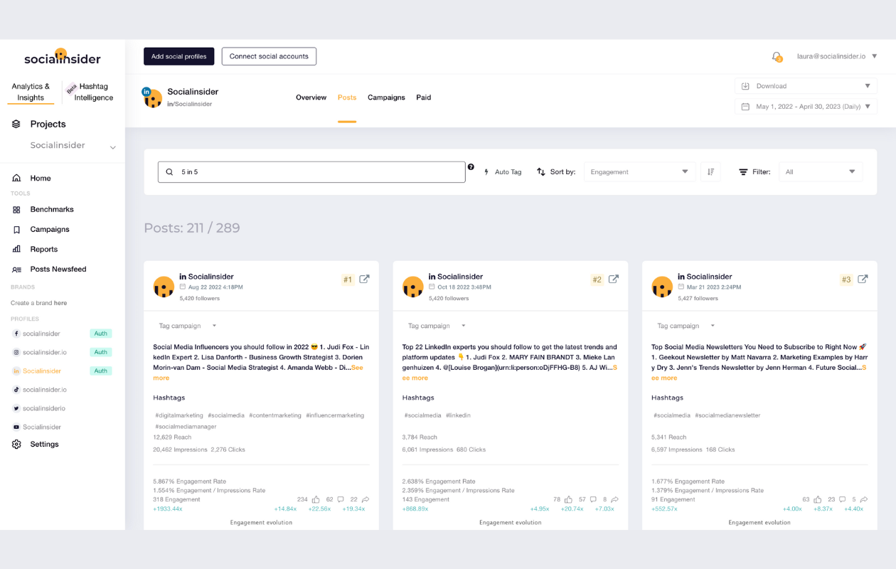 screenshot from socialinsider dashboard with posts having the keyword 5 in 5