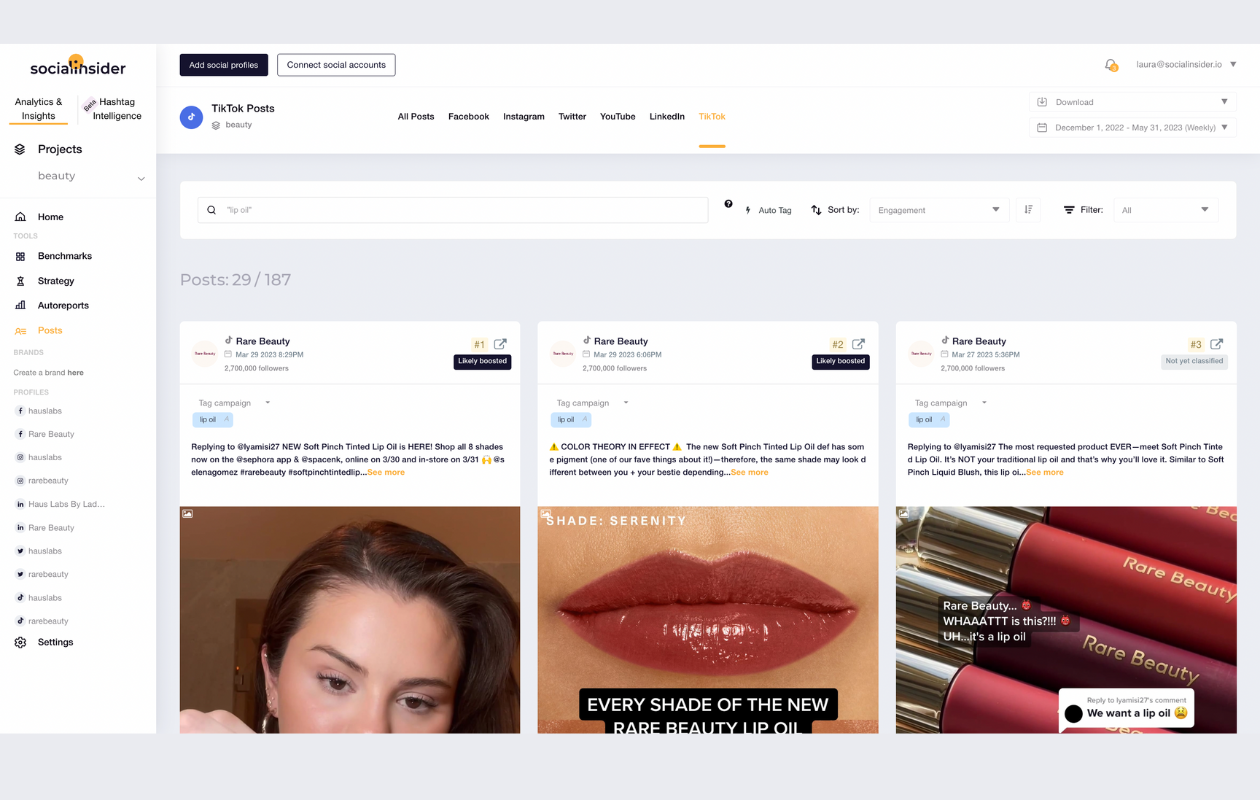 screenshot from socialinsider dashboard with an autotag campaign on lip oil for rare beauty tiktok