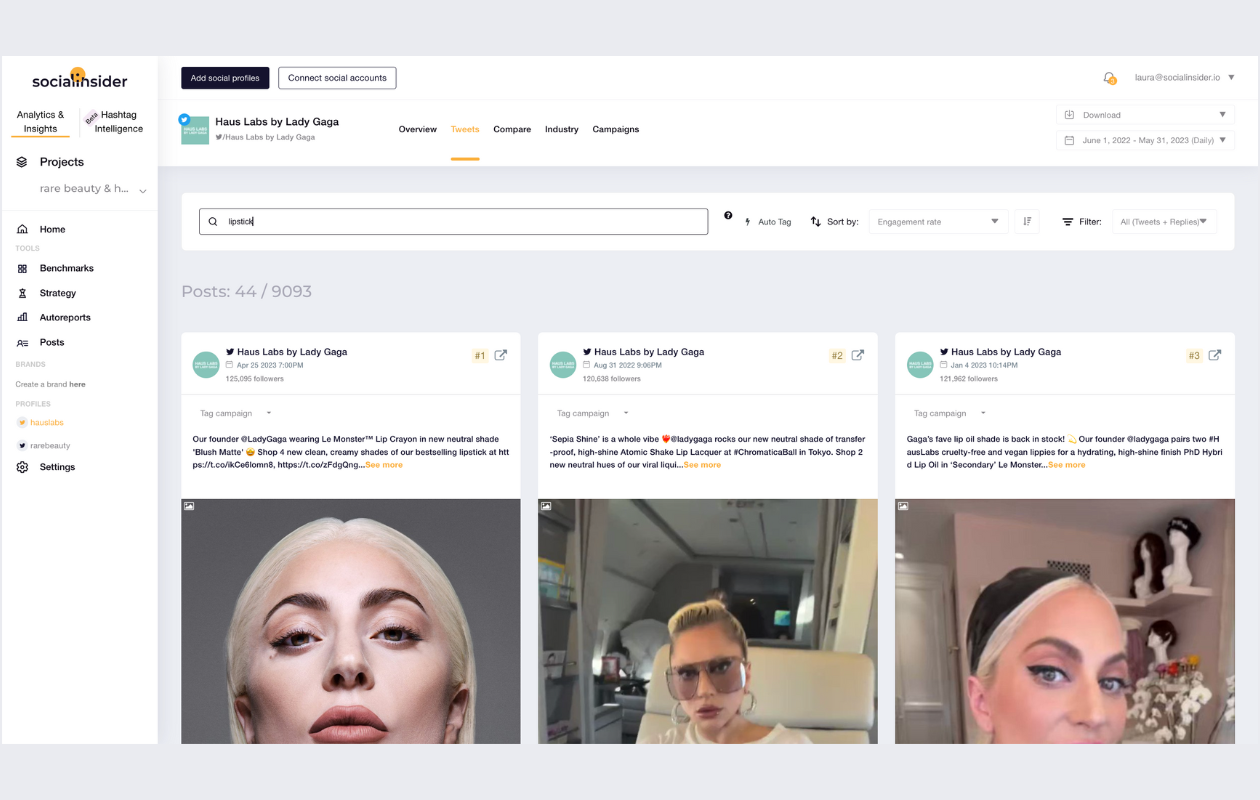 screenshot from socialinsider with haus labs tweets and the keyword lipstick