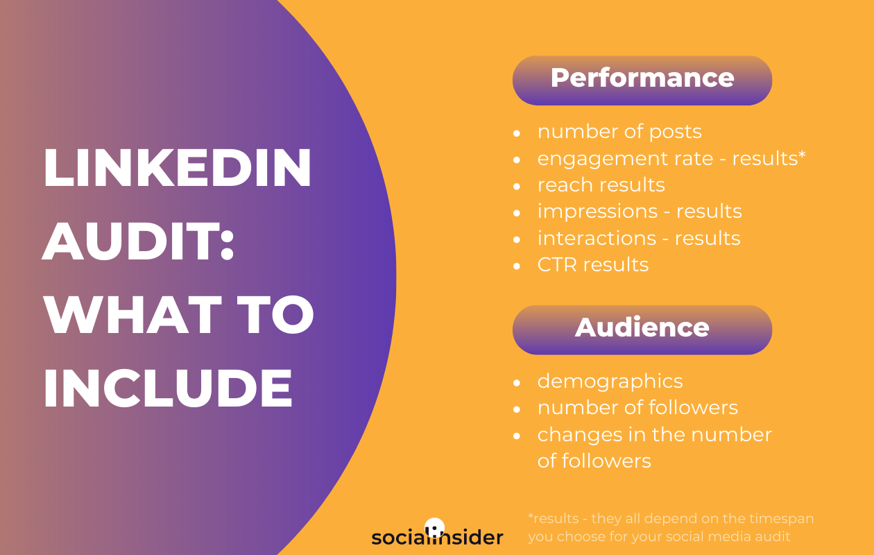infographic with linkedin audit what to include, showing performance and audience