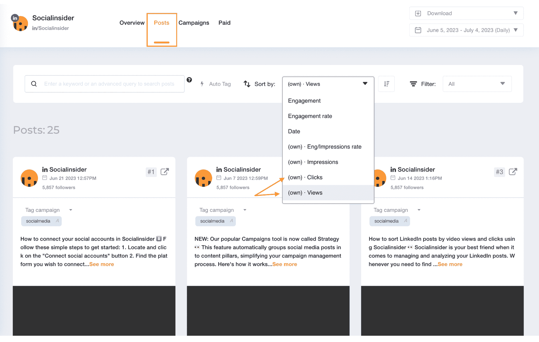 Sort LinkedIn posts by video views and clicks