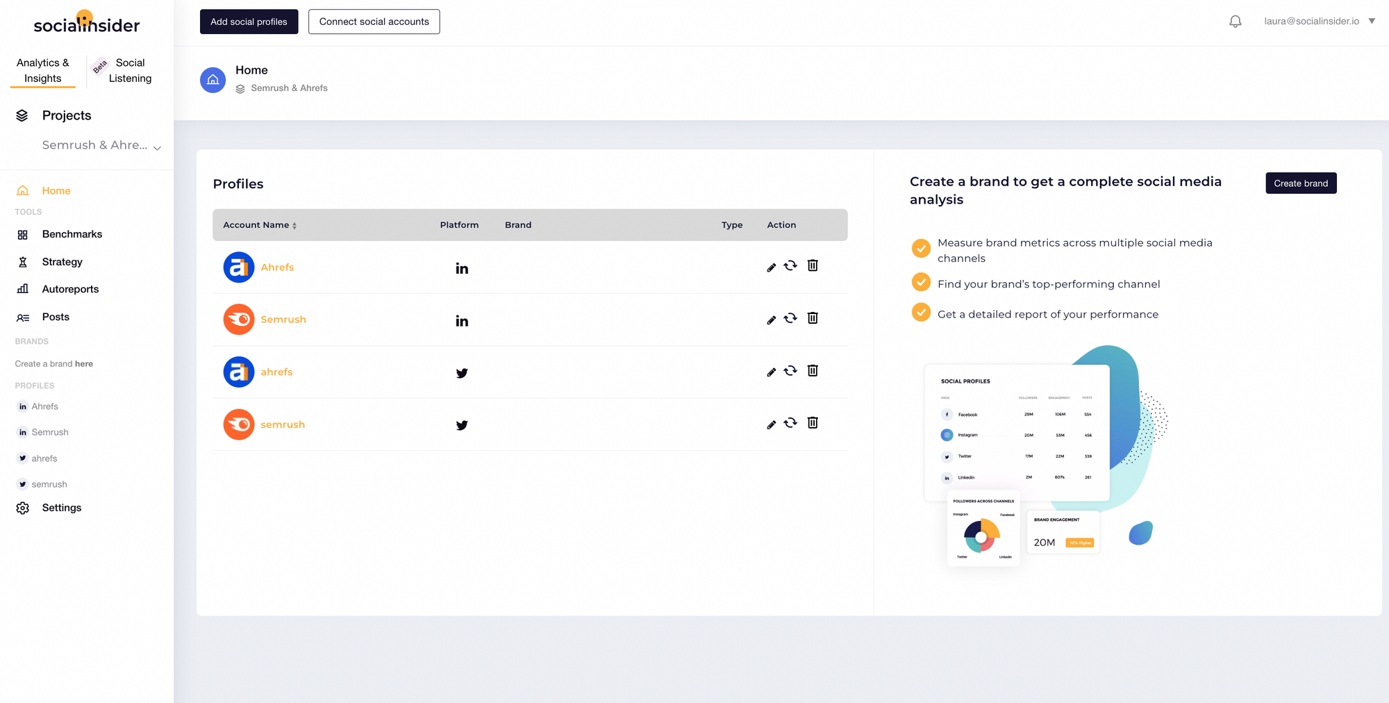 screnshot from socialinsider with ahrefs and semrush in the dashboard