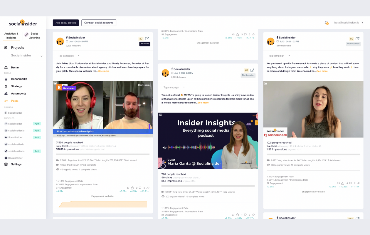 screenshot from socialinsider dashboard with posts boosted and not boosted from socialinsider's facebook