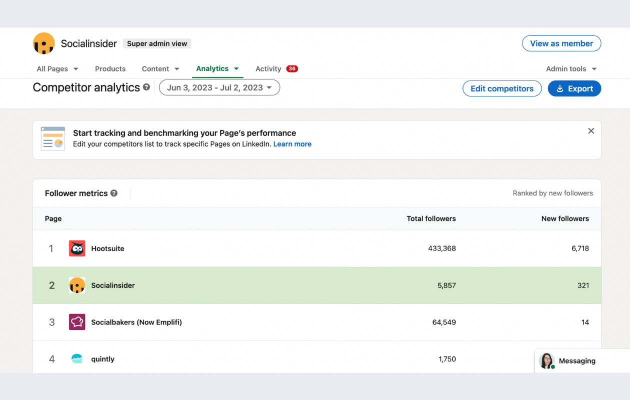 screenshot from native linkedin analytics showing competitors analytics