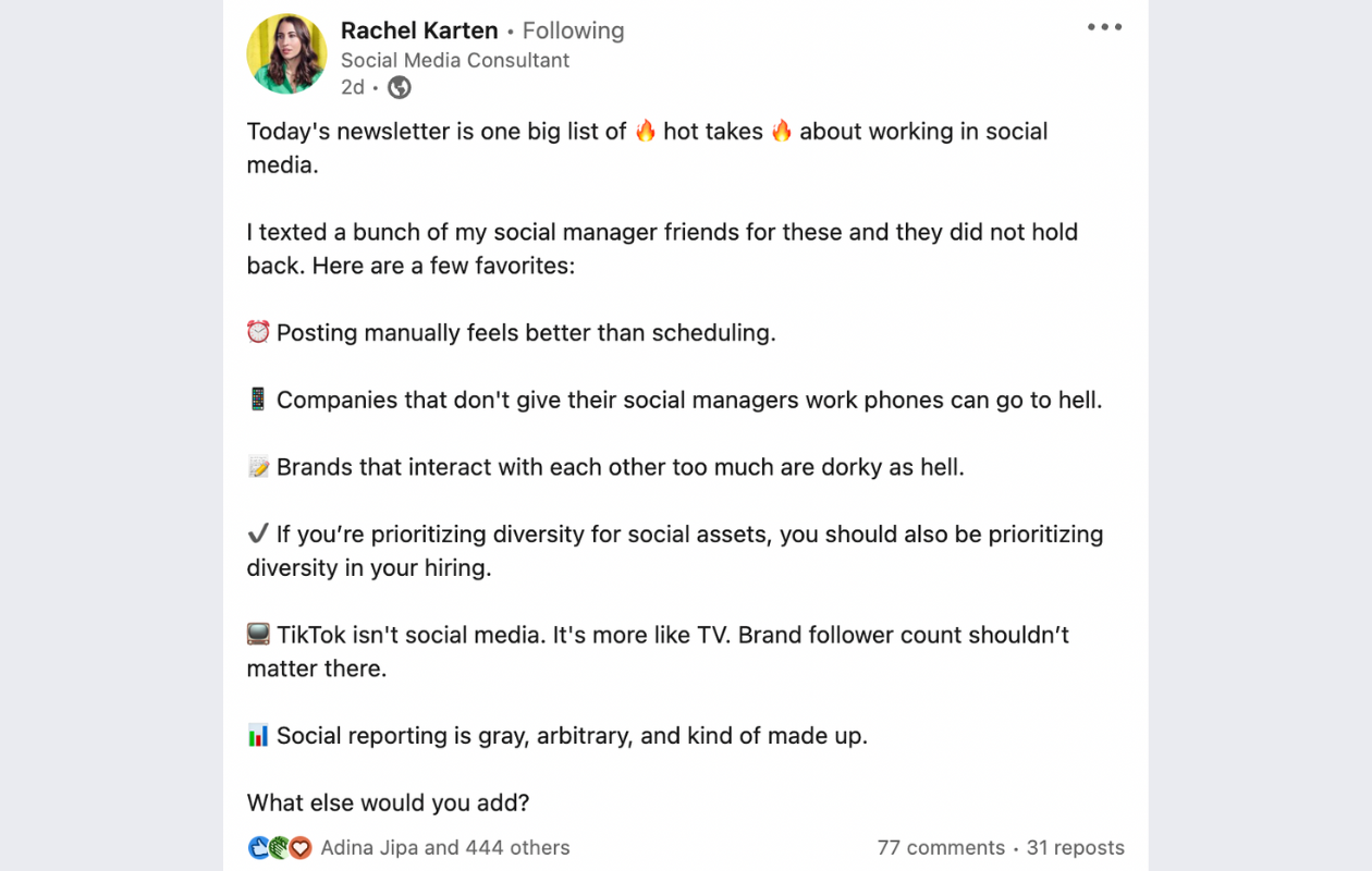 screenshot from rachel karten's linkedin with a post