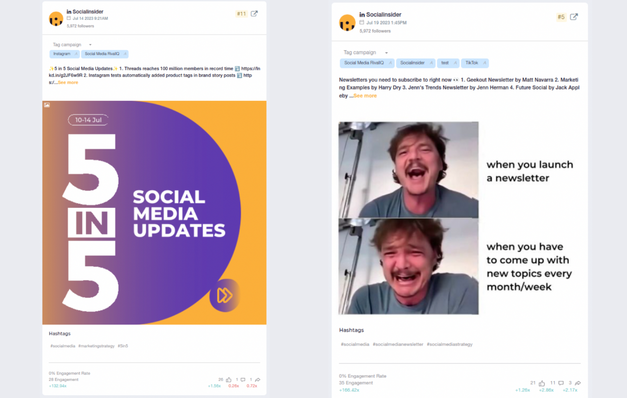 collage in canva with 2 screenshots from socialinsider showing the performance of 2 different linkedin posts