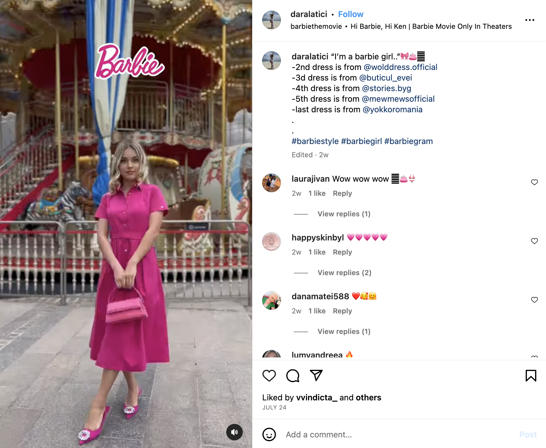 screenshot from instagram depicting a trend from the barbie movie, with a girl wearing a pink dress