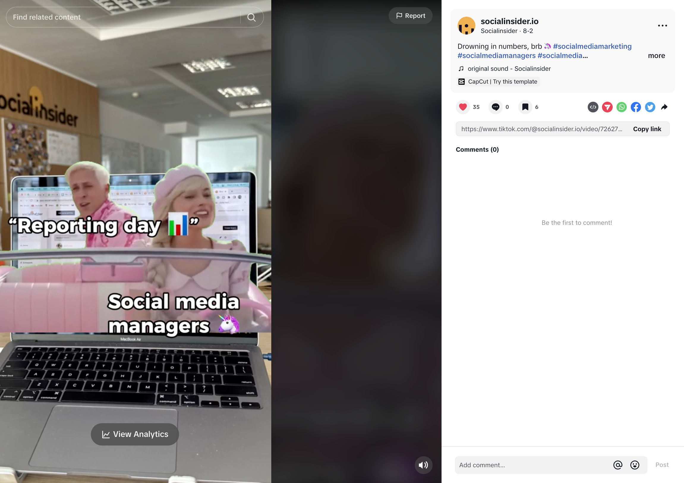 screenshot from a tiktok post on socialinsider with a barbie template