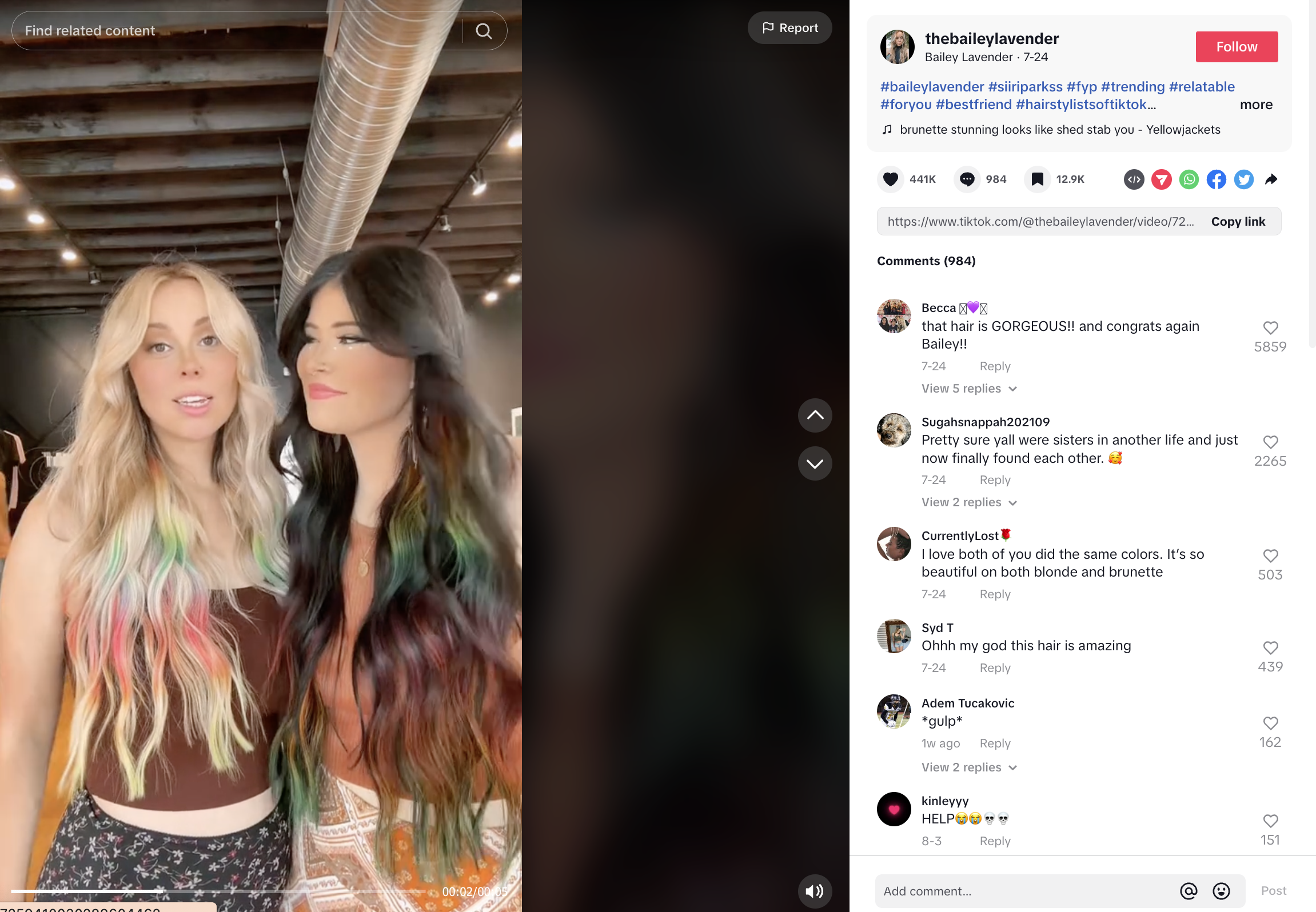 screenshot from a girl's tiktok with two girl friends with colorful hair