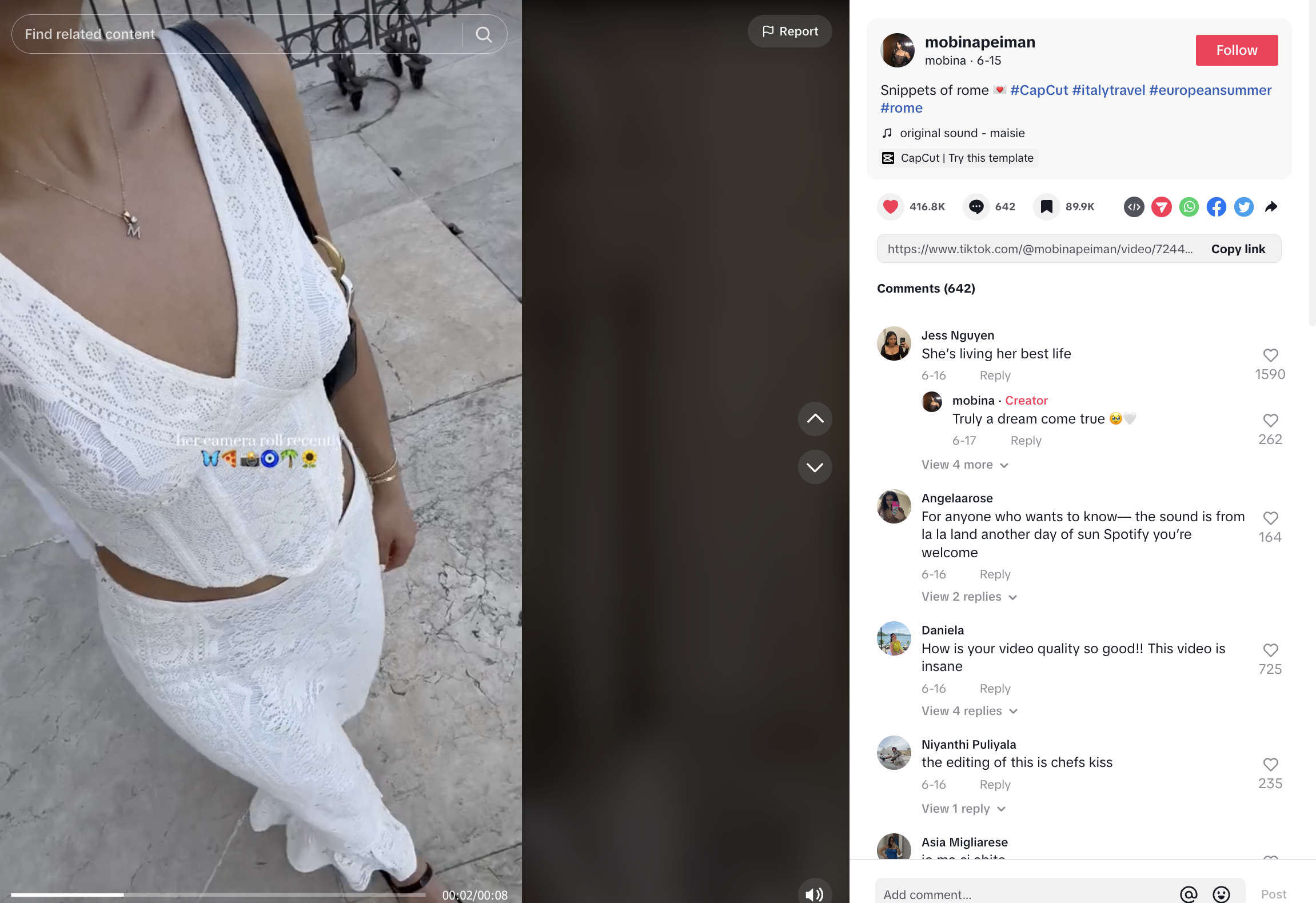 screenshot from a girl's tiktok vide showing her activities during her travels in italy