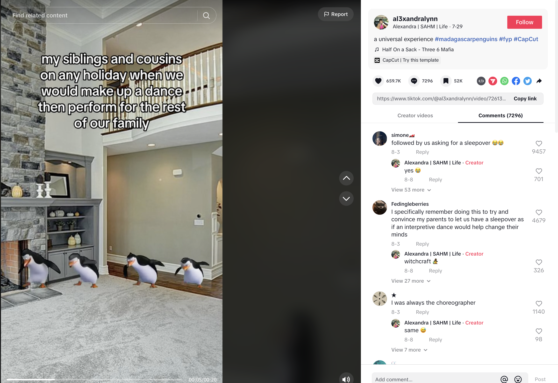 screenshot of the penguin trend on tiktok with their dance