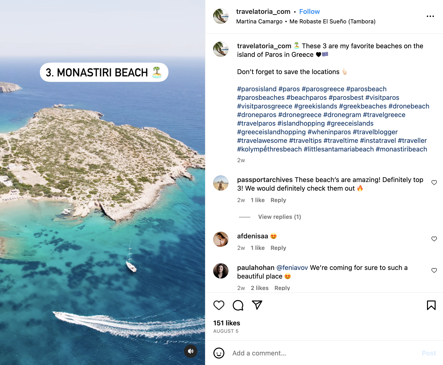 screenshot from a reel on instagram showing a beach in greece