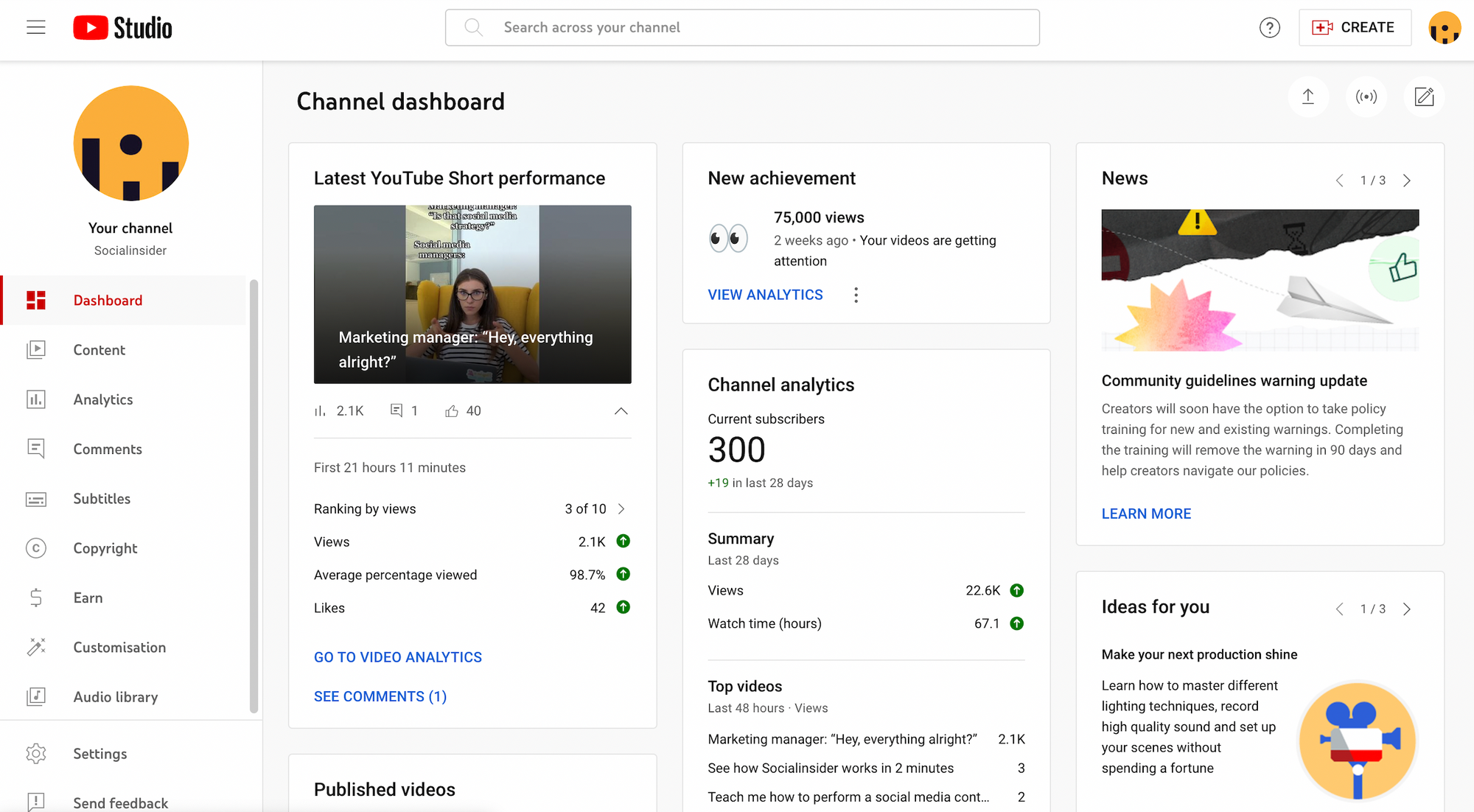 screenshot from socialinsider's youtube dashboard