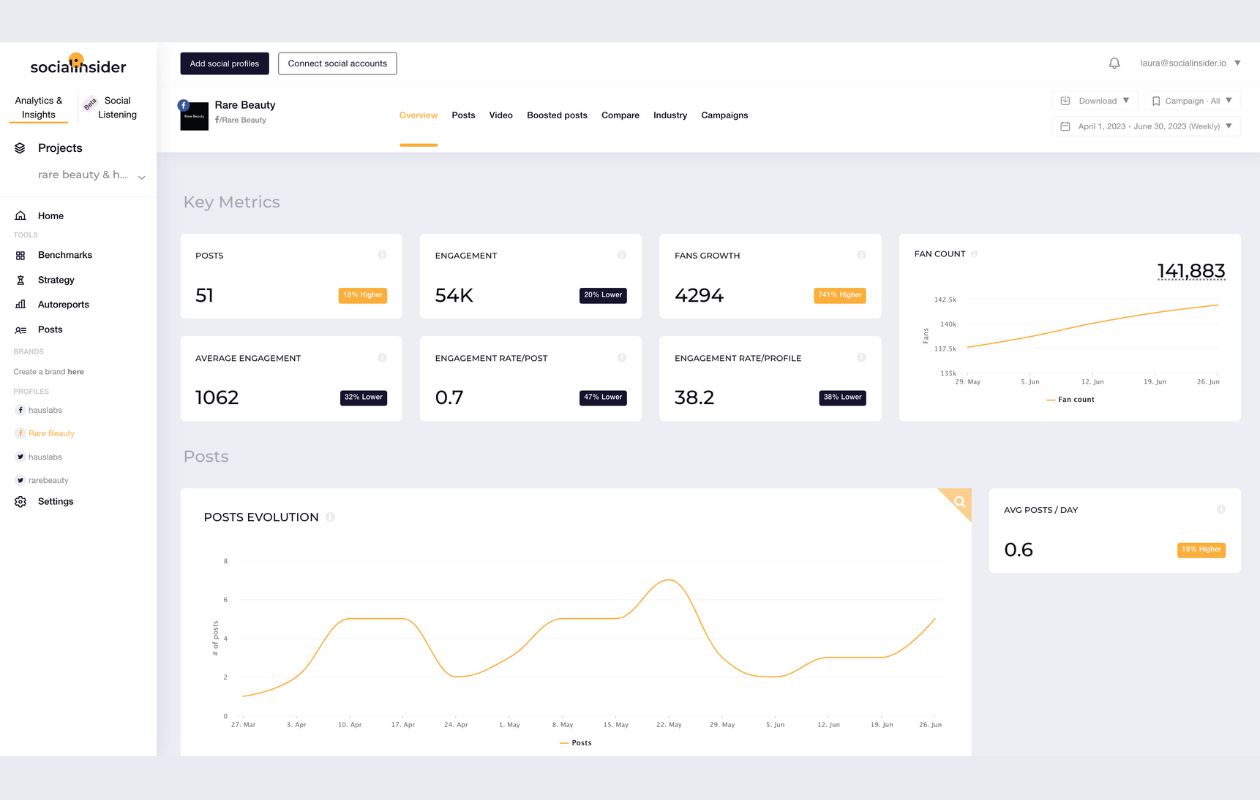 screenshot from socialinsider from rare beauty facebook with key metrics